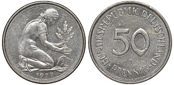 ФРГ 50 пфеннигов 1977 J женщина сажающая дуб KM 109.2 медно-никель 51-841