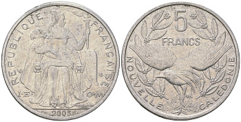 Французская Новая Каледония 5 франков 2003 птица кагу, (IEOM) KM 16, Schoen 12, Lec 81h алюминий 189-1134