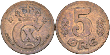 Дания 5 эре 1919 Кристиан X (1912-1947) KM 814 бронза 4622-112