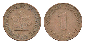 ФРГ 1 пфенниг 1950 F KM 105, J.380 сталь плакированная медью 4630-842