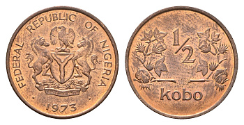 Нигерия 1/2 кобо 1973 год-тип KM 7 бронза UNC 206-334