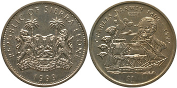 Сьерра-Леоне 1 доллар 1999 Чарльз Дарвин KM 115 медно-никель BU 4368-1024