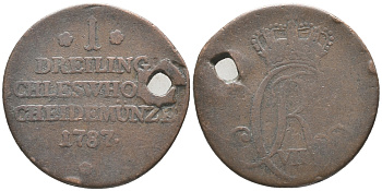 ШЛЕЗВИГ-ГОЛЬШТЕЙН 1 ДРЕЙЛИНГ 1787 КРИСТИАН VII ДАТСКИЙ(1784-1808) KM 1 медь 34-544