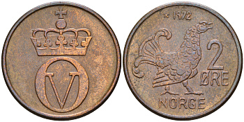 Норвегия 2 эре 1972 глухарь, Улаф V (1958-1991) KM 410  бронза    4143-231