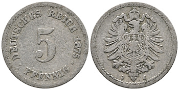 ГЕРМАНИЯ 5 ПФЕННИГОВ 1875 J, СТАРОГЕРБОВКА KM 3, J. 3 медно-никель 39-344