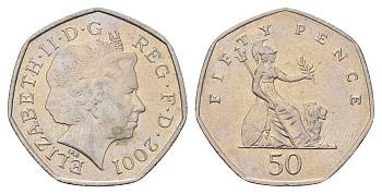 Великобритания 50 пенсов 2001 Елизавета II (1952-2022) KM 991, Spink 4610 (H8) медно-никель 186-626