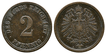 Германия 2 пфеннига 1877 А, старогербовка KM 2, J.2 медь 4364-2722