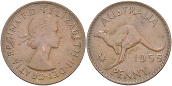 АВСТРАЛИЯ 1 ПЕННИ 1955 р, ЕЛИЗАВЕТА II (1953-), КЕНГУРУ KM 56 бронза 32-242