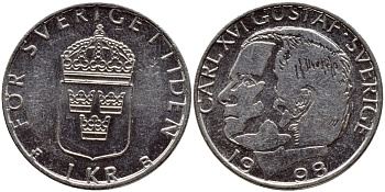 Швеция 1 крона 1998 Карл XVI Густав (1973- ) KM 852a медно-никель 4622-346