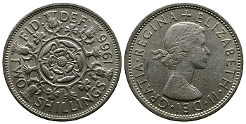 Великобритания 2 шиллинга (флорин) 1966 Елизавета II (1952-2022) KM 906, Spink 4146 медно-никель 4382-626