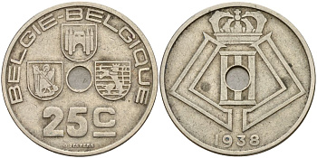 Бельгия 25 сантимов 1938 Belgique - Belgie KM 114 никель латунь 4150-757