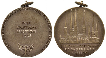 Любек медаль 1926 700 летие города, 33 мм, 15,17 гр  бронза  UNC  73-933