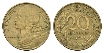 Франция 20 сантимов 1965 тип Marianne KM 930 медь алюминий никель 4681-654
