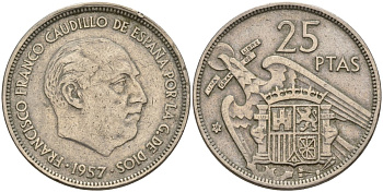 Испания 25 песет 1957 (58) Франсиско Франко (1939 - 1975) KM 787 медно-никель 4149-1021