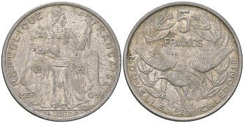 Французская Новая Каледония 5 франков 2002 птица кагу, (IEOM) KM 16, Schoen 12, Lec 81g алюминий 189-621