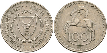 Кипр 100 милсов 1980 европейский муфлон KM 42 медно-никель 4168-641