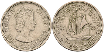 Британские Восточно-Карибские территории 25 центов 1964 Елизавета II (1952-2022), парусник KM 6 медно-никель 4591-145
