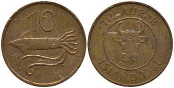 Исландия 10 эйре 1981 кальмар KM 25 бронза 211-854