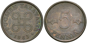 Финляндия 5 пенни 1963 KM 45 медь 4576-1024