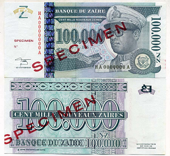 Заир 100000 новых заиров 1996 Мобуту Сесе Секо в военной форме, голубая. Образец, Specimen Pick 76A s бумага UNC (пресс) 448-36-3