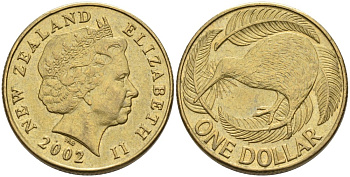 Новая Зеландия 1 доллар 2002 Елизавета II (1952-2022), птица киви  KM 120 алюминиевая бронза 34-443