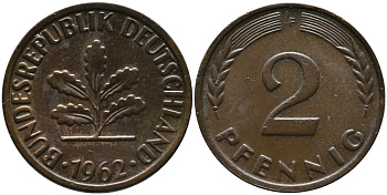 ФРГ 2 пфеннига 1962 F KM 106, J.381 бронза 99-126