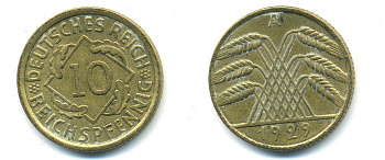 ГЕРМАНИЯ 10 РЕЙХСПФЕННИГОВ 1929 A, KM 40, J. 317 алюминиевая бронза 76-724