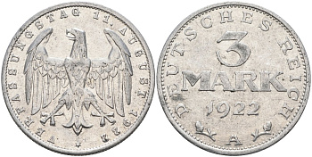 Германия 3 марки 1922 A, третья годовщина Веймарской Конституции KM 29, J.303 алюминий 4587-334