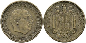 Испания 1 песета 1953 (63) Франсиско Франко (1939-1975) KM 775 алюминиевая бронза 4171-441