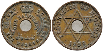 Нигерия 1/2 пенни 1959 Елизавета II (1952-), Британский протекторат KM 1 бронза 4387-227