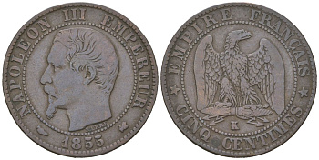 Франция 5 сантимов 1855 K, Наполеон III (1852-1870) KM 777.5 бронза 4616-421