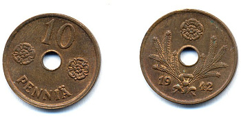 ФИНЛЯНДИЯ 10 ПЕННИ 1942 KM 33.1 медь 51-4967