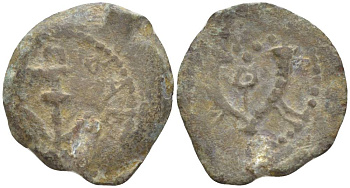 Иудея прута 40-4 гг. до н.э. Ирод I Великий, греческая легенда 'Царя Ирода', якорь / два рога изобилия, кадуцей, Иерусалим Hendin 1188 медь 1073-21-57