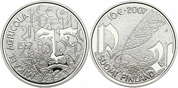 Финляндия 10 евро 2007 450 лет со дня смерти Микаэля Агриколы KM 136 серебро PROOF 11-226-31