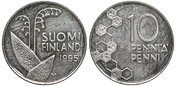 ФИНЛЯНДИЯ 10 ПЕННИ 1995 M, ЛАНДЫШ KM 65 медно-никель UNC 3334-1153