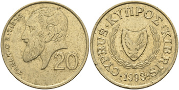 Кипр 20 центов 1993 KM 62.2 никель латунь 4140-826