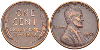 США 1 ЦЕНТ 1952 D, ЛИНКОЛЬН KM А132 медь цинк 218-617