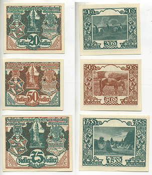 АВСТРИЯ НАБОР ИЗ 3 БАНКНОТ 1920 1 ИЮНЬ 1920, НОТГЕЛЬД, 20, 50, 75 ГЕЛЕЕРОВ, ST. MARIENKIRCHEN бумага aUNC 7203-33-1