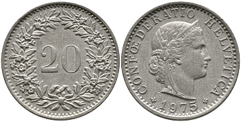Швейцария 20 раппенов 1975 KM 29а медно-никель 4539-622