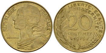 Франция 20 сантимов 1975 тип Marianne KM 930 алюминиевая бронза 4390-1233