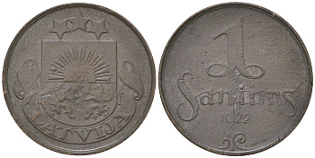 Латвия 1 сантим 1922 очень редкий год KM 1 бронза 4613-1129