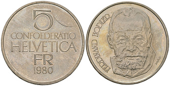 Швейцария 5 франков 1980 Фердинанд Ходлер - художник KM 59 медно-никель  BUNC  4593-1243