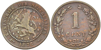 Нидерланды 1 цент 1878 Виллем III (1849-1890) KM 107 бронза 4547-1255