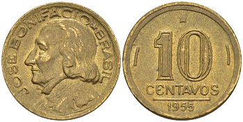 БРАЗИЛИЯ 10 СЕНТАВО 1955 ЖОЗЕ БОНИФЦИУ- ОТЕЦ НЕЗАВИСИМОСТИ KM 561 алюминиевая бронза 4514-452