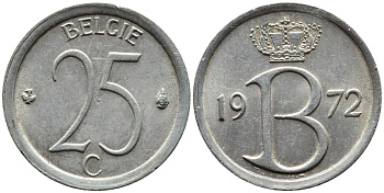 БЕЛЬГИЯ 25 САНТИМОВ 1972 BELGIE KM 154.1 медно-никель 4392-434