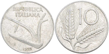 ИТАЛИЯ 10 ЛИР 1955 R, ПЛУГ, КОЛОСЬЯ KM 93 алюминий 175-356