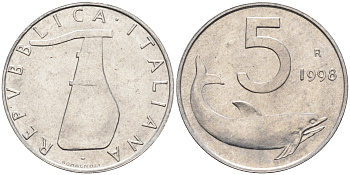 Италия 5 лир 1998 R, дельфин KM 92 алюминий  UNC  4594-938