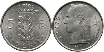 Бельгия 5 франков 1975 Belgie, Бодуэн I (1951-1993) KM 135.1 медно-никель 98-611