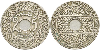 Марокко 25 сантимов 1924 Мулай Юсуф (1912-1927), Французский протекторат KM 34.2 медно-никель 4523-1152