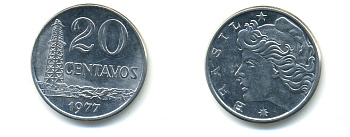 Бразилия 20 сентаво 1977 голова свободы влево KM 579.1a, Schon 84b нержавеющая сталь UNC 86-1042